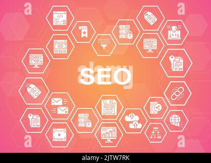 Banner mit SEO-Werbesymbolen. Bookmark, Hosting, Hyperlink, Advertisement, Datentransfer Design-Elemente mit linearer Symboldarstellung. Stock Vektor