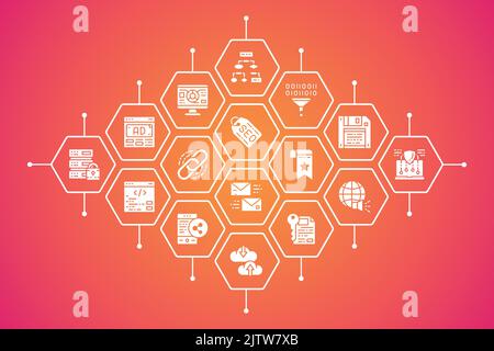 Banner mit SEO-Geschäftssymbolen. Lesezeichen, Hosting, Hyperlink, Werbung, Datentransfer Hintergrundvektor Illustration. Stock Vektor