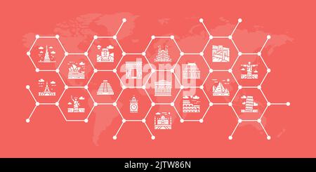 Travel Landmark editierbare Symbole Design Illustration. Ägypten, Italien, Großbritannien, Frankreich, Indien, USA Icon Werbebanner für grafisches Webdesign. Stock Vektor