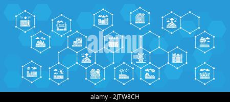 Vektorbanner im Landscape-Bild mit Symbolen. Brücke, Wald, Garten, Vulkan, Windmühle Web Infografik. Stock Vektor