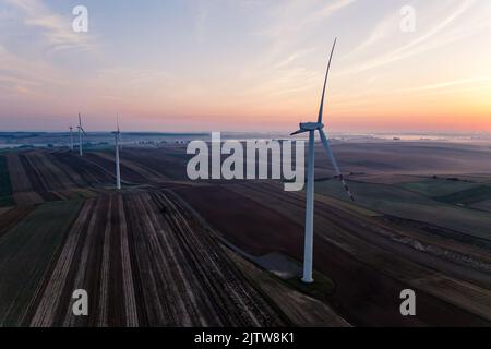 Windturbinen, die bei Sonnenaufgang in bunten Feldern stehen. Nebliger Horizont. Erneuerbare Energien. Ökologie. Horizontale Aufnahme . Hochwertige Fotos Stockfoto