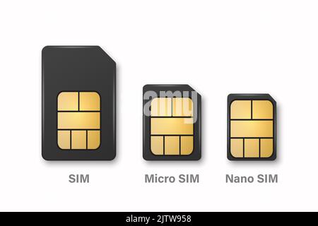 Vector 3D realistische schwarze Kunststoff-SIM, Micro-SIM, Nano-SIM-Karte Template-Set isoliert. Design-Vorlage der SIM-Karte für Mockup, Branding. Draufsicht Stock Vektor