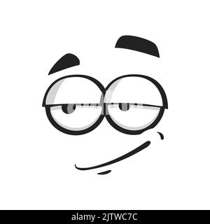 Cartoon-Gesicht, Smirk oder Simper Emoji, Vektor lustige Gesichtsausdruck mit lächelndem Mund und halb geschlossenen Augen. Komische Charaktergefühle, Emotion isoliert auf weißem Hintergrund Stock Vektor