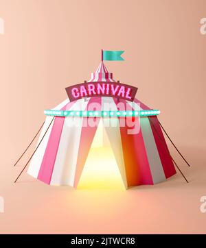 Ein geschmückter Zirkus und Karneval stellten Zelt für Veranstaltungen und Unterhaltung auf. 3D Illustration Stockfoto
