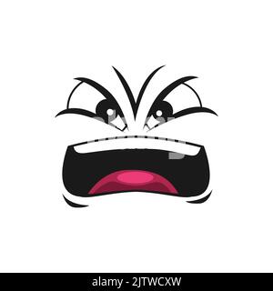 Cartoon wütend Gesicht Vektor brüllen Emoji mit verrückten Augen und brüllen Mund. Aggressives komisches Gesicht mit furnierten Augenbrauen, wütender Boss, der den Gesichtsausdruck auf weißem Hintergrund abfärbt Stock Vektor