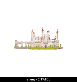 Königliche Festung der Prinzenprinzessin, mittelalterliche Burg isoliert Cartoon Baulandschaft. Vektor mittelalterlichen Palast mit Türmen, Toren und Flagge. Königliche Festung der Prinzenprinzessin, Fantasy-Festung mit Brücke Stock Vektor