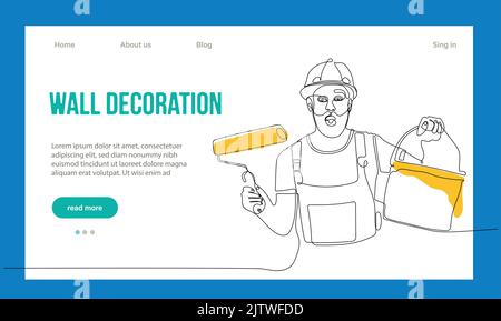 Hausreparaturkonzept. Zielseite Der Website. Arbeiter In Der Werkstatt Machen Arbeiten Aus House. Cartoon-Figuren Malen Sie Wände Und Setzen Fliesen. Vektorgrafik Für Lineare Umrisse. Stock Vektor