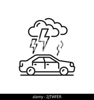 Symbol für die Zeile „Autoschaden in der Naturkatastrophenversicherung“. Piktogramm für Autoschäden durch Wetterereignis. Autoversagen, Unfall dünne Linie Vektor-Symbol mit Blitz treffen Auto während Gewitter Stock Vektor