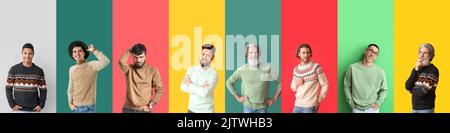 Set aus Herren in stylischen Pullovern auf buntem Hintergrund Stockfoto