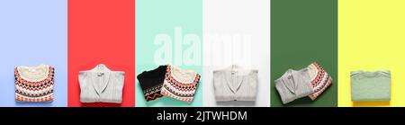 Set warmer Strickpullover auf farbigem Hintergrund, Draufsicht Stockfoto