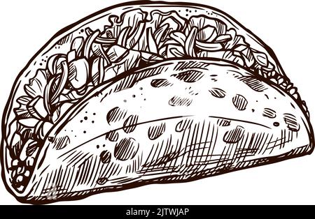 Feiertags-Taco, Vektorskizzensymbol. Cinco de Mayo in Mexiko oder 5. Mai Fiesta Party, traditionelle nationale Feier Symbol der mexikanischen Tacos Tortilla, handgezogen Stock Vektor