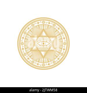 Geometrie tarot heilig mystisch okkult alten Talisman, Alchemie magische Symbol isoliert. Vektor spirituelles Auge, Freimaurer mystischer Kreis, esoterischer Maurer Amulett. Spirituelles Mandala, marokkanische Vintage-Münze Stock Vektor