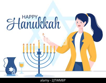 Happy Hanukkah Jewish Holiday Template Handgezeichnete Cartoon flache Illustration mit Menorah, Sufganiyot, Dreidel und traditionellen Symbolen Stock Vektor