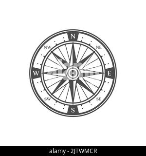 Vintage Kompass, Kartographie mittelalterliches Symbol. Reise Richtung Zeichen, Navigation Rose Wind antiken Vektor-Emblem. Marine Reise Piktogramm oder alte Karte windrose Stern Retro-Ikone Stock Vektor