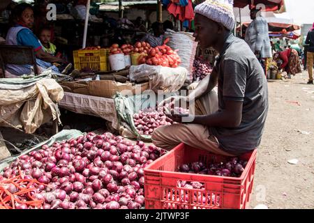 Nakuru, Kenia. 01. September 2022. Ein Händler verkauft Zwiebeln auf einem Frischemarkt in Nakuru Town. Die Inflation in Kenia stieg im August, dem Monat, in dem die Parlamentswahlen stattfanden, auf 8,5 %, wobei die Nahrungsmittelinflation bei 15,3 % lag. Der Anstieg ist seit März 2022 im Aufwärtstrend. (Foto von James Wakibia/SOPA Images/Sipa USA) Quelle: SIPA USA/Alamy Live News Stockfoto