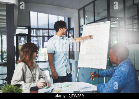 Verfolgen ihrer Fortschritte. Ein junger Geschäftsmann, der ein Whiteboard verwendet, um seinen Kollegen in einem Sitzungssaal eine Präsentation zu halten. Stockfoto