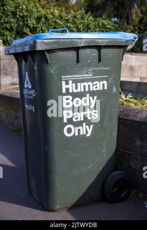 Ein Abfallbehälter, der nur für Körperteile von Menschen aus der medizinischen Entsorgung von Auckland gekennzeichnet ist. Stockfoto