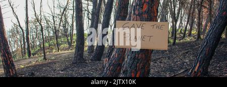 Bild eines Schildes mit den Worten „Lass uns den Planeten retten“, das in einem verbrannten Wald auf einem Baum festgeklebt ist. Ständige Zunahme von Bränden aufgrund des Klimawandels. Banner Stockfoto