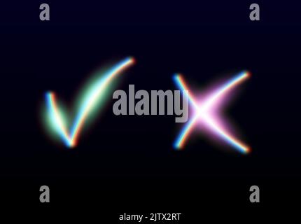Neon leuchtet ja und keine Checkmarks. Glänzende Check- und Kreuzschilder. Stimmen Sie die leuchtenden Symbole ab, und lehnen Sie sie ab. X- und V-Embleme. Stock Vektor