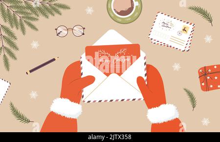 Santa claus Hände halten Umschlag. Senden oder Empfangen von Weihnachtskarten mit Herzlichen Glückwunsch. Draufsicht. Vektor-Illustration im flachen Cartoon-Stil Stock Vektor