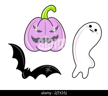 Vektor Niedliches Set von halloween-Ikonen im flachen Stil. Lila gruseliger Kürbis, Fledermaus, Geist. Stock Vektor