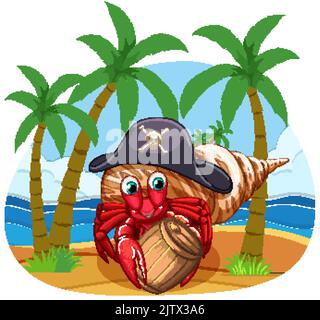 Cute Einsiedler Krabbe Cartoon-Figur am Strand Illustration Stock Vektor