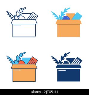 Box mit Sachen Symbol in flach und Linie Stil gesetzt. Vom Bürokonzept abgewiesen. Vektorgrafik. Stock Vektor
