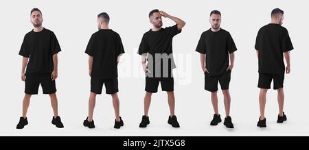 Nachbildung eines schwarzen Oversized-Anzugs auf einen brutalen Typen in Sneakers, Vorder- und Rückansicht, isoliert auf dem Hintergrund. Set aus T-Shirts, Shorts auf einem Mann, für Design, Stockfoto