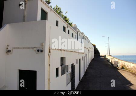 Eine Reihe weiß getünchter Fischerhallen und Häuser im Fischereihafen auf einer Terrasse mit Blick auf den Hafen, Porto Judeu, Terceira und die Azoren Stockfoto