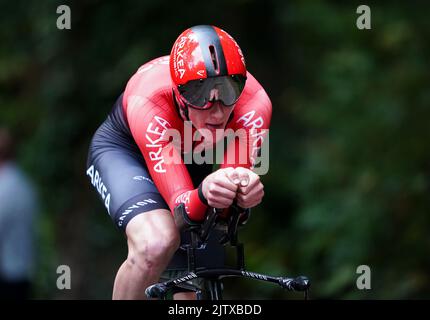 Fileboto vom 14-10-2021 von Connor Swift, der sein ARKEA-Samsic Trikot bei der Tour of Britain nächste Woche gegen britische Farben tauschen wird, aber das Team wird ihm noch in den Sinn kommen. Ausgabedatum: Mittwoch, 2. September 2022. Stockfoto