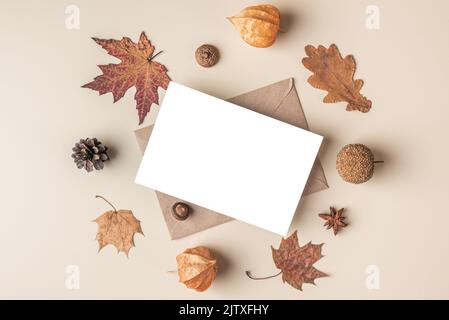 Herbst-Grußkarte im Rahmen aus trockenen Blättern, Blumen, Eichel, Tannenzapfen, Anisstern auf beigem Hintergrund. Modell. Flach liegend, Draufsicht mit Copy Spa Stockfoto