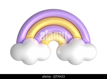 3D Regenbogen in Bonbon-Pastellfarben gelb, lila. Niedlichen Kunststoff Regenbogen mit Wolken. 3D Rendering Feder Illustration geeignet für die Dekoration von Birthd Stockfoto