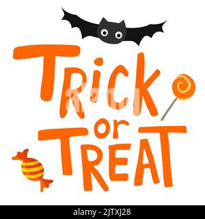 Halloween Trick or Treat Schriftzug mit einer Fledermaus und Süßigkeiten. Isolierter Vektor handgeschriebenes Dekorationselement. Stock Vektor