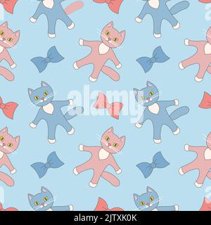 Handgezeichnete Vektordarstellung eines nahtlosen Musters von niedlichen Katzen. Print-Design von Kätzchen und Schleifen, Kinderdruck Skizze. Stock Vektor