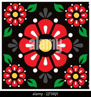 Mexikanische talavera einzigen Fliese Vektor nahtloses Muster mit roten Blumen und Blättern auf schwarzem Hintergrund, Retro-Heimtextilien Stock Vektor