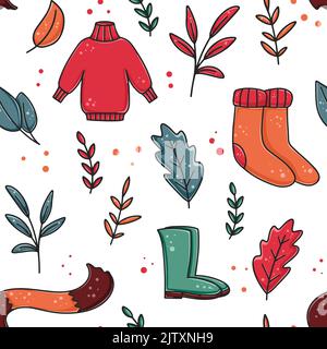 Warme Strickmode und Schuhe mit nahtlosem Herbstmuster. Hintergrund mit Pullover, Schal, Socken und Stiefeln. Herbstdruck mit Laub und Kleidungsstücken aus der Garderobe Stock Vektor