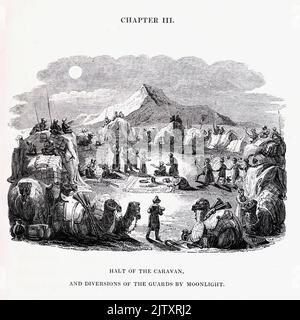 Halt der Karawane, und Diversions of the Guards by Moonlight (graviert von Branston) aus dem Buch "Reisen in Mesopotamien. Inklusive einer Reise von Aleppo, über den Pyrat nach Orfah [Urfa], (die Ur der Chaldäer) durch die Ebenen der Turkomaner, " von Buckingham, James Silk, 1786-1855 Band 1 Erscheinungsdatum 1827 Herausgeber London, H. Colburn Stockfoto