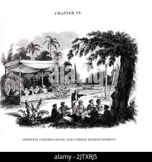 Oriental Conversazione und Garden Entertainment (graviert von Dodd) aus dem Buch "Reisen in Mesopotamien. Inklusive einer Reise von Aleppo, über den Pyrat nach Orfah [Urfa], (die Ur der Chaldäer) durch die Ebenen der Turkomaner, " von Buckingham, James Silk, 1786-1855 Band 1 Erscheinungsdatum 1827 Herausgeber London, H. Colburn Stockfoto