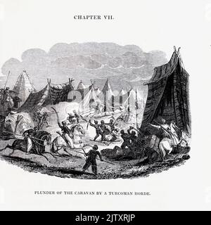 Plünderung der Karawane durch eine Turkoman Horde (gestochen von Branston) aus dem Buch "Reisen in Mesopotamien. Inklusive einer Reise von Aleppo, über den Pyrat nach Orfah [Urfa], (die Ur der Chaldäer) durch die Ebenen der Turkomaner, " von Buckingham, James Silk, 1786-1855 Band 1 Erscheinungsdatum 1827 Herausgeber London, H. Colburn Stockfoto