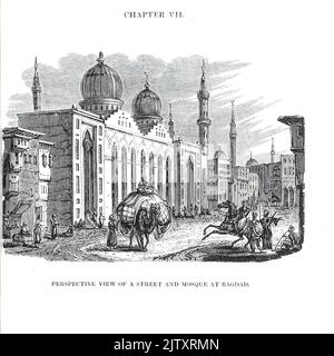 Perspektivische Ansicht einer Straße und Moschee in Bagdad (eingraviert von Lee) aus dem Buch "Reisen in Mesopotamien. Inklusive einer Reise von Aleppo, über den Pyrat nach Orfah [Urfa], (die Ur der Chaldäer) durch die Ebenen der Turkomaner, " von Buckingham, James Silk, 1786-1855 Band 2 Erscheinungsdatum 1827 Herausgeber London, H. Colburn Stockfoto