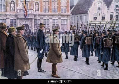 König Georg V. von Großbritannien und König Albert von Belgien inspizieren belgische Truppen. Der Junge ist der Prinz von Wales, und neben ihm ist Generalmajor Pertab Singh von der indischen Armee. Erster Weltkrieg Stockfoto