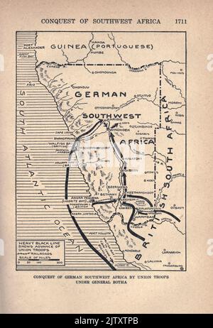 EROBERUNG DES DEUTSCHEN SÜDWESTAFRIKAS unter der Leitung von General Botha aus dem Buch die Geschichte des großen Krieges; die vollständigen historischen Aufzeichnungen der bisherigen diplomatischen UND STAATLICHEN BERICHTE von Reynolds, Francis Joseph, 1867-1937; Churchill, Allen Leon; Miller, Francis Trevelyan, 1877-1959; Wood, Leonard, 1860-1927; Knight, Austin Melvin, 1854-1927; Palmer, Frederick, 1873-1958; Simonds, Frank Herbert, 1878-; Ruhl, Arthur Brown, 1876- Veröffentlicht 1920 Stockfoto