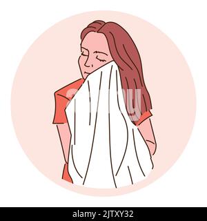 Mädchen wischt ihr Gesicht mit einem Handtuch flach Vektor-Illustration. Tägliche Routine. Isolierte Zeichentrickfigur Stock Vektor