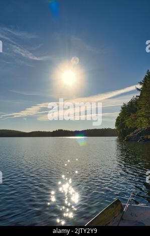 Ein See in Schweden in Smalland. Blaues Wasser, sonniger Himmel, grüne Wälder. Entspannung und Ruhe im Urlaub Stockfoto