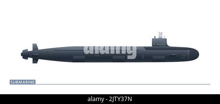 Das U-Boot für den nuklearen Angriff befindet sich in einer Seitenansicht mit einrackfähigen Spezialgeräten vom Konningturm aus. Vektorgrafik Stock Vektor