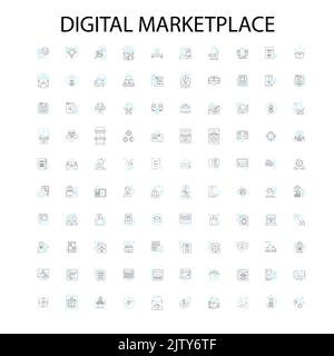 Digitale Marktplatz Symbole, Schilder, Umrisssymbole, Konzept lineare Illustration Linie Sammlung Stock Vektor