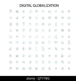 Digitale Globalisierungssymbole, Schilder, Umrisssymbole, Konzept lineare Illustration Linie Sammlung Stock Vektor