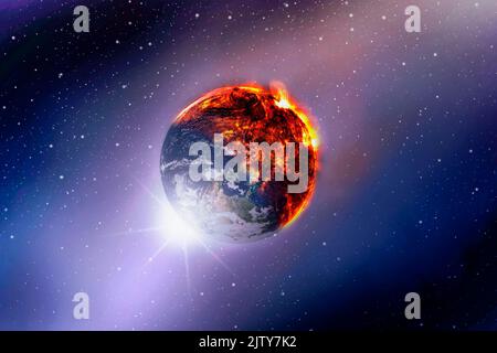 Blick auf die Suche brennt Planet Erde auf Weltraumgalaxie und Stern Hintergrund , Globale Erwärmung Konzept , Elemente dieses Bildes von der NASA eingerichtet. Stockfoto