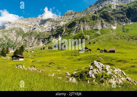 Holzhütten und Wiesen auf der Schwaegalp mit Blick auf den Saentis-Gipfel, Kanton Appenzell-Ausserrhoden, Schweiz Stockfoto