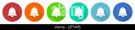 Klingel-, Ring-, Alarmsymbol-Set, flache Vektorgrafiken in 6 Farben, Optionen für Webdesign und mobile Anwendungen Stock Vektor
